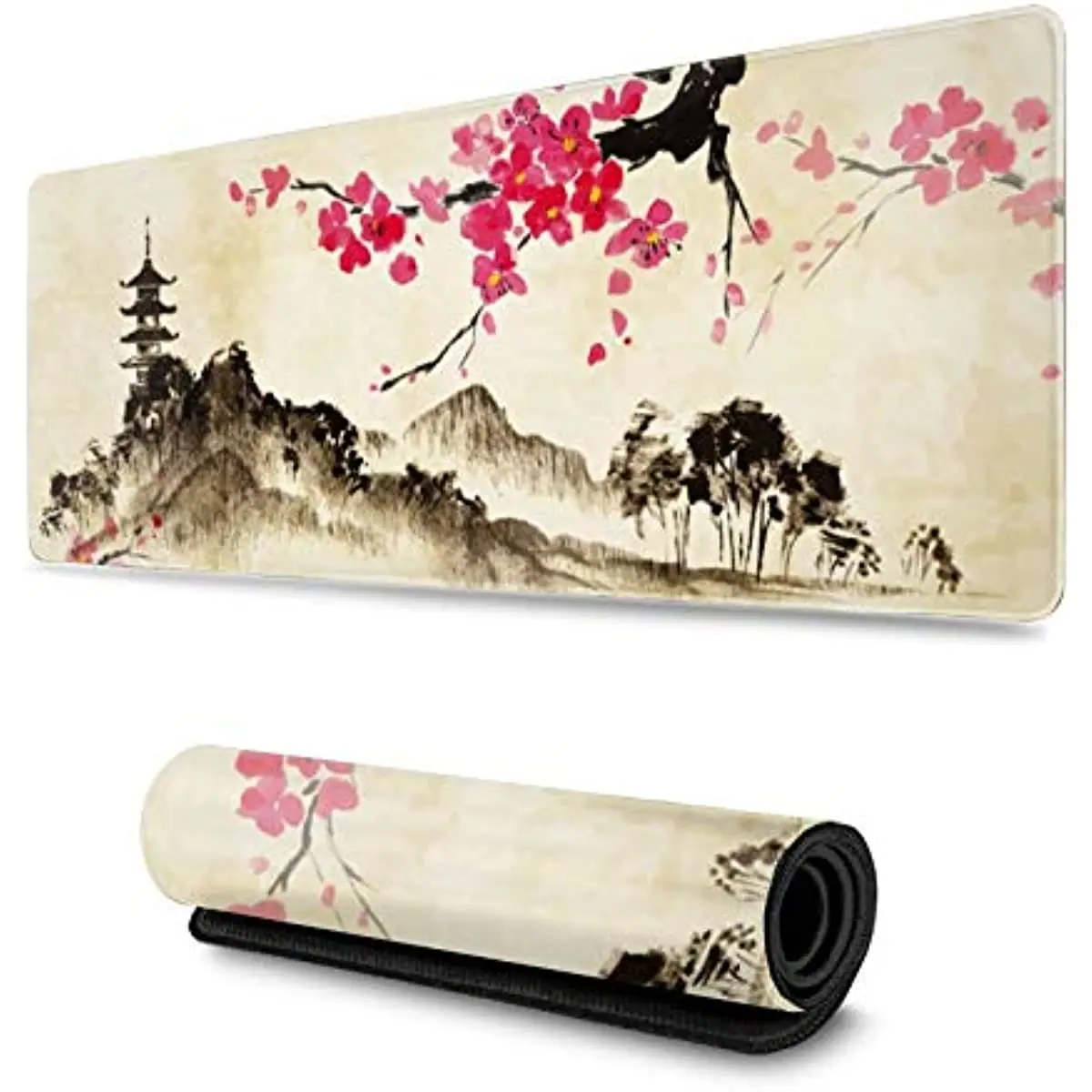 Japanese Watercolor Mountain Mouse Pad Extended Mouse Mat Stitched Edges Mousepad Long Rubber Base Mice Pad 31.5 X 11.8 Inch