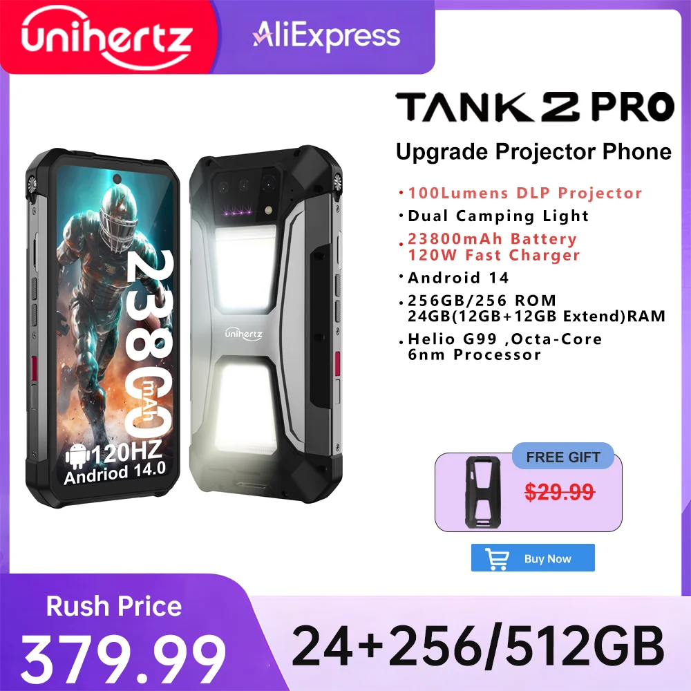 Unihertz tank 2 Pro 8849, ponsel kasar dengan proyektor, kamera 100MP, 24GB 512GB, Android 14, 100MP, NFC, Helio G99, 23800mAh , 4G