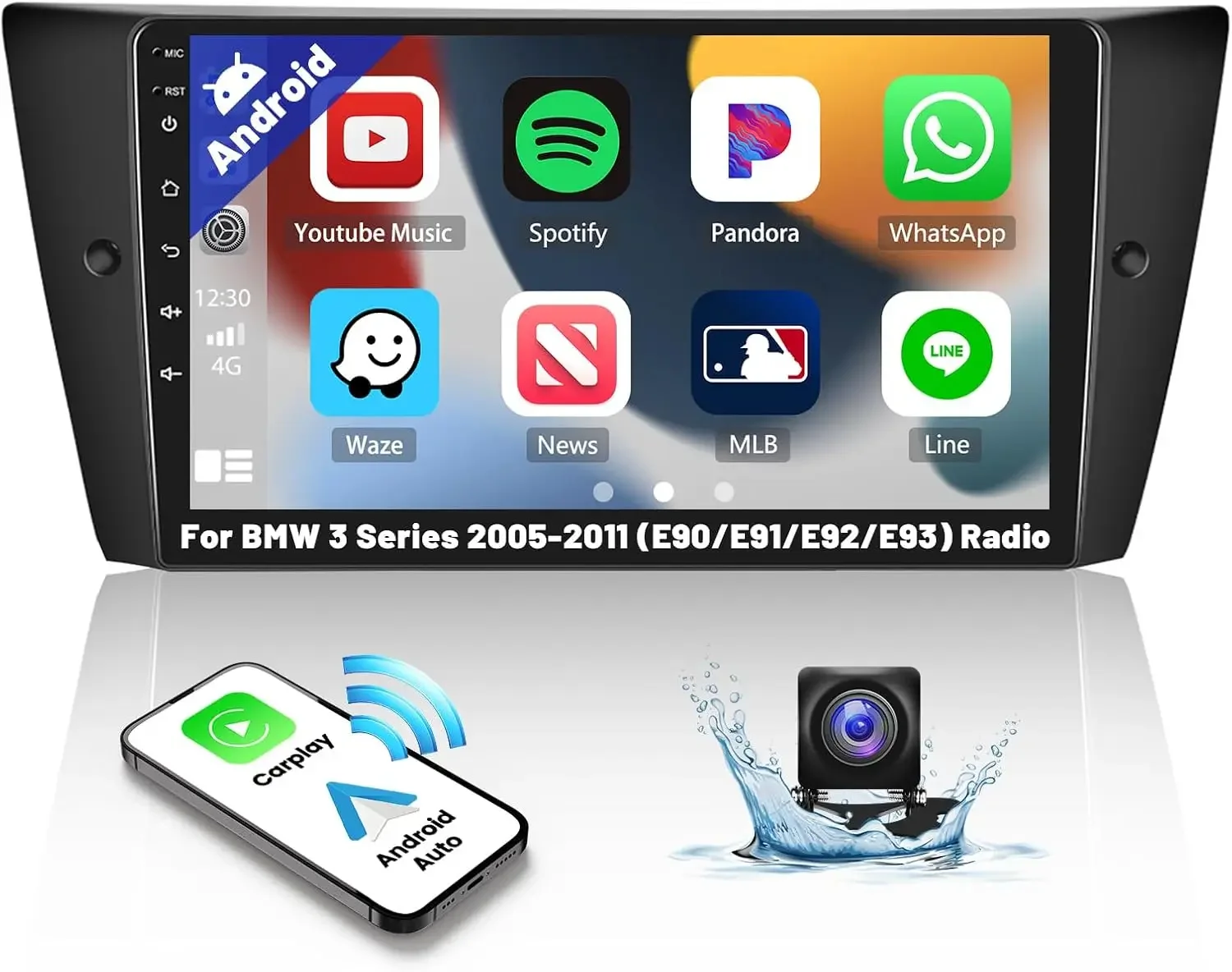 

For BMW 3 Series 2005-2011 (E90/E91/E92/E93) Wireless Carplay Android Auto 9" Touchscreen Car Radio with RDS/Backup Camera + MIC
