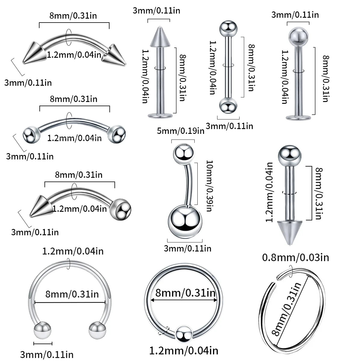 5PCS Surgical Steel Body Piercing Jewelry Lot Bulk Nose Ring Tongue Bar Lot Eyebrow Labret Piercing Set Horseshoe Ring Pack