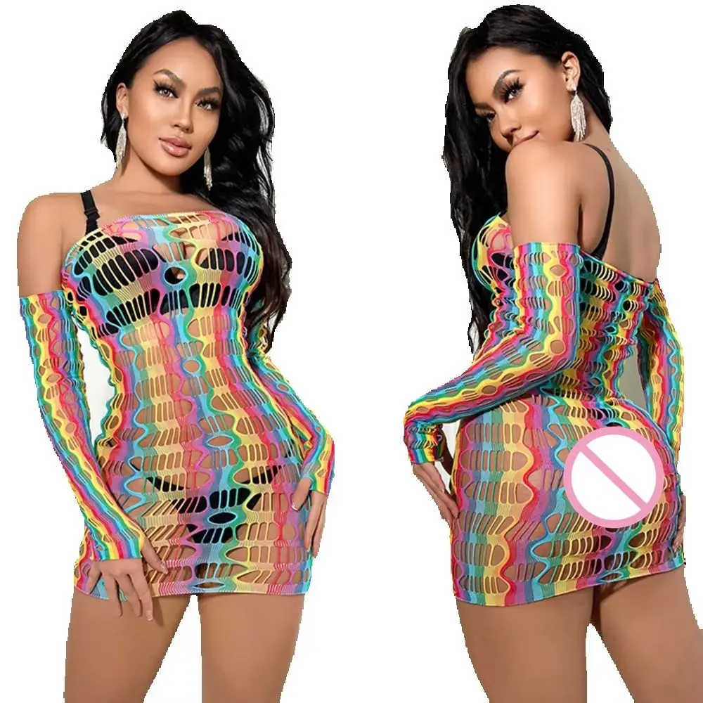 Mode Frauen Farbe Regenbogen Fischernetz kurzen Rock erotisch transparent hohl Mini Bodycon Kleid Damen sexy Mesh hohl Kleid