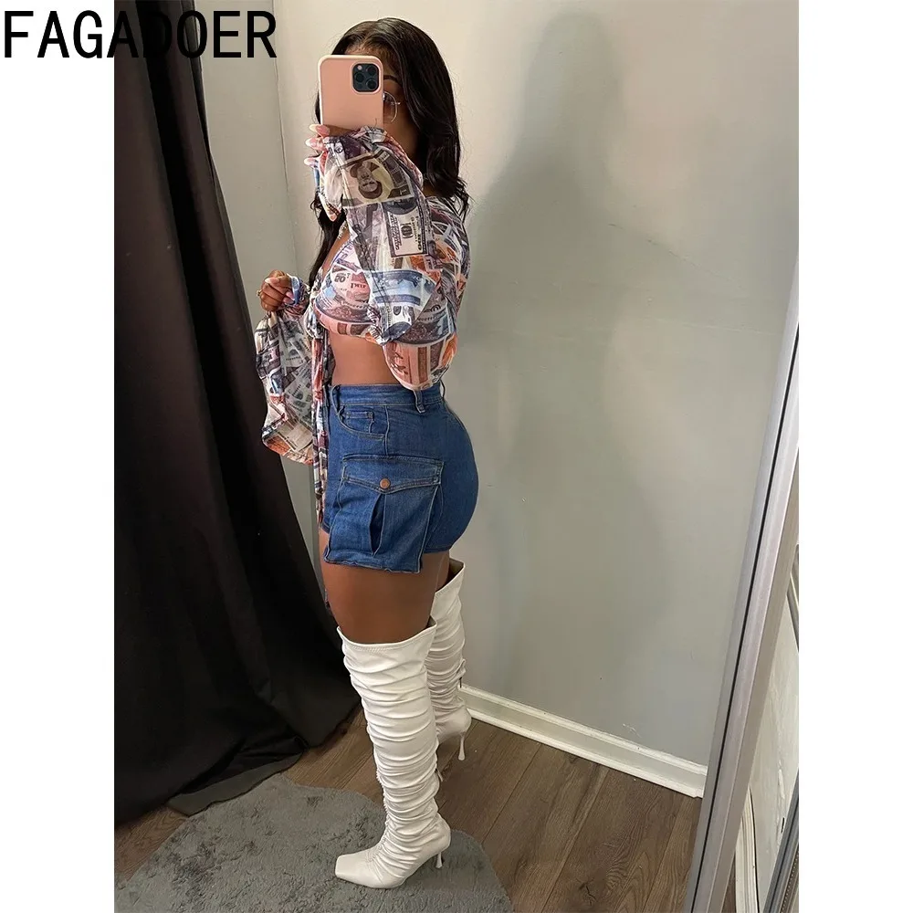 FAGADOER Denim Blue Fashion Elasticity Mini Skirts Shorts Women High Waisted Button Slim Skirts Female Pocket Matching Bottoms