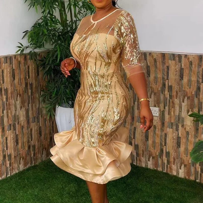 2023 Plus Size Luxury African Green Dress for Women Elegant Lady Wedding Evening Dresses Sexy Female Party Sequins Bodycon Gown