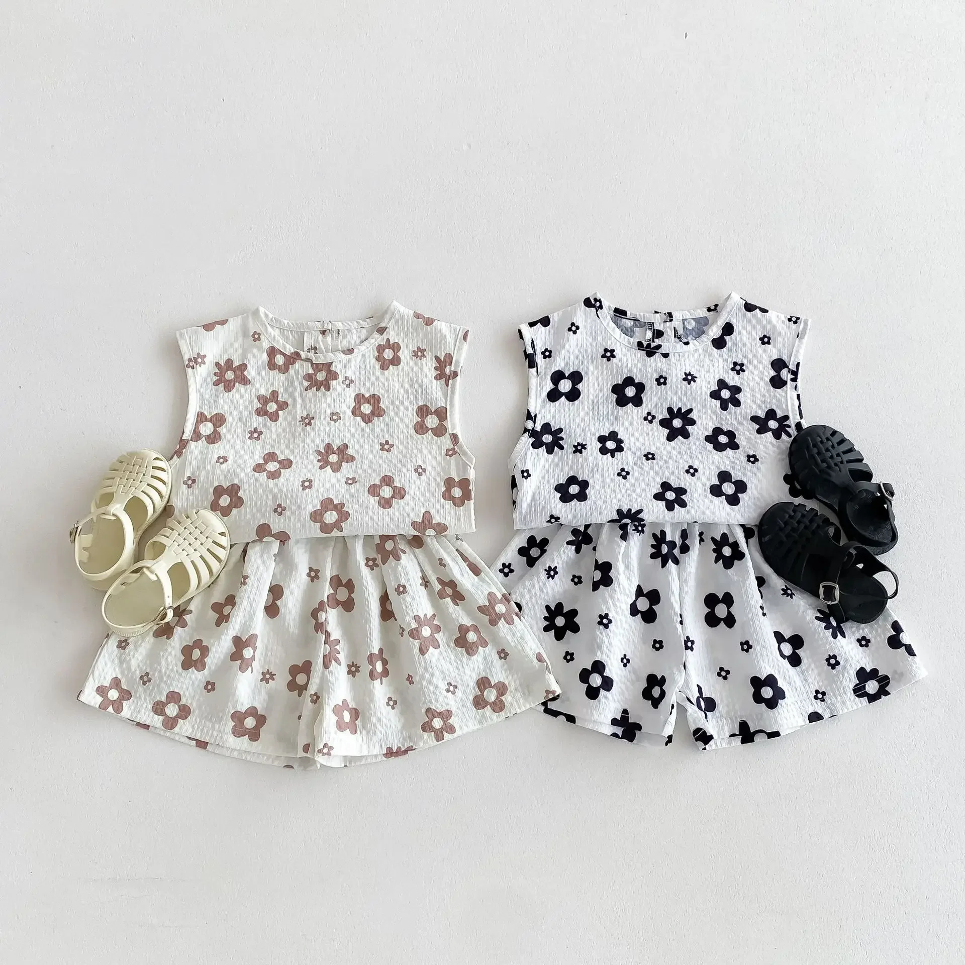 

Summer New Children Sleeveless Clothes Set Boys Girls Flower Print Thin Shorts Set Baby Cotton 2pcs Suit Kids Breathable Outfits