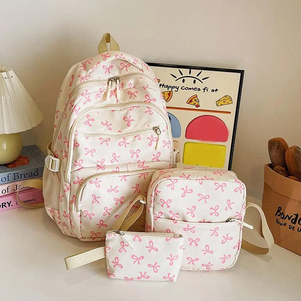 3Pcs/Set Fashion Large Capacity Bow Backpack Bow Print Nylon School Bag Set Adjustable Versatile Backpack For Leisure Travel