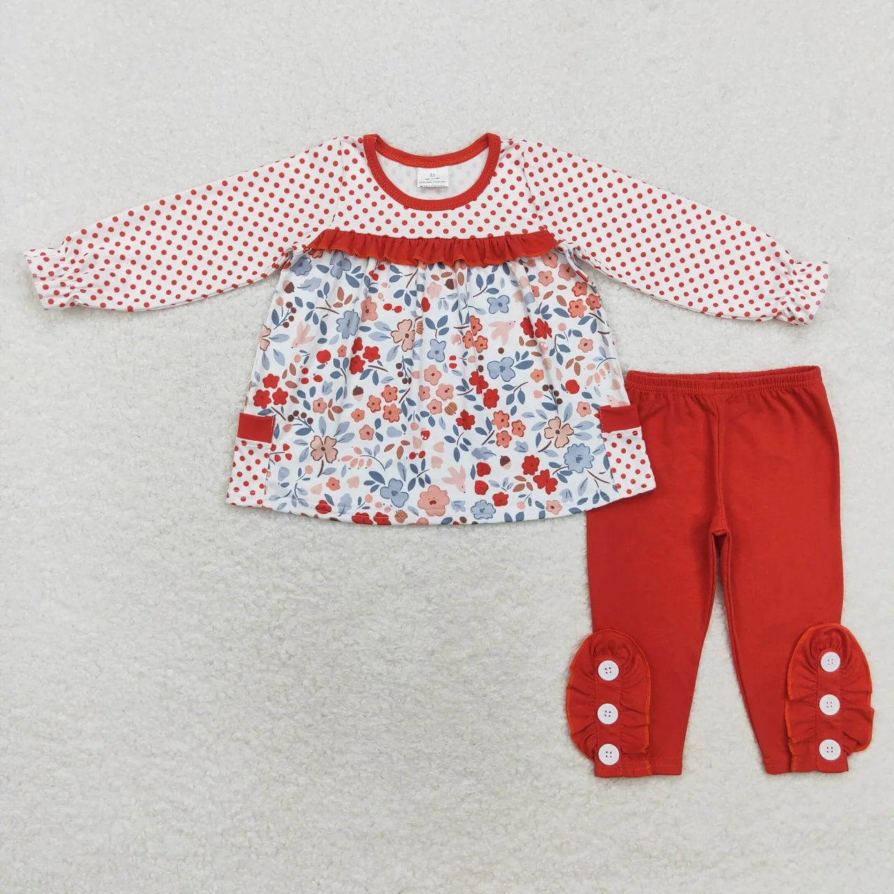 

Wholesale Baby Girl Set Long Sleeves Fall Flower Ruffle Tunic Red Cotton Pants Children Kids Two Pieces Toddler Outfit Clothing