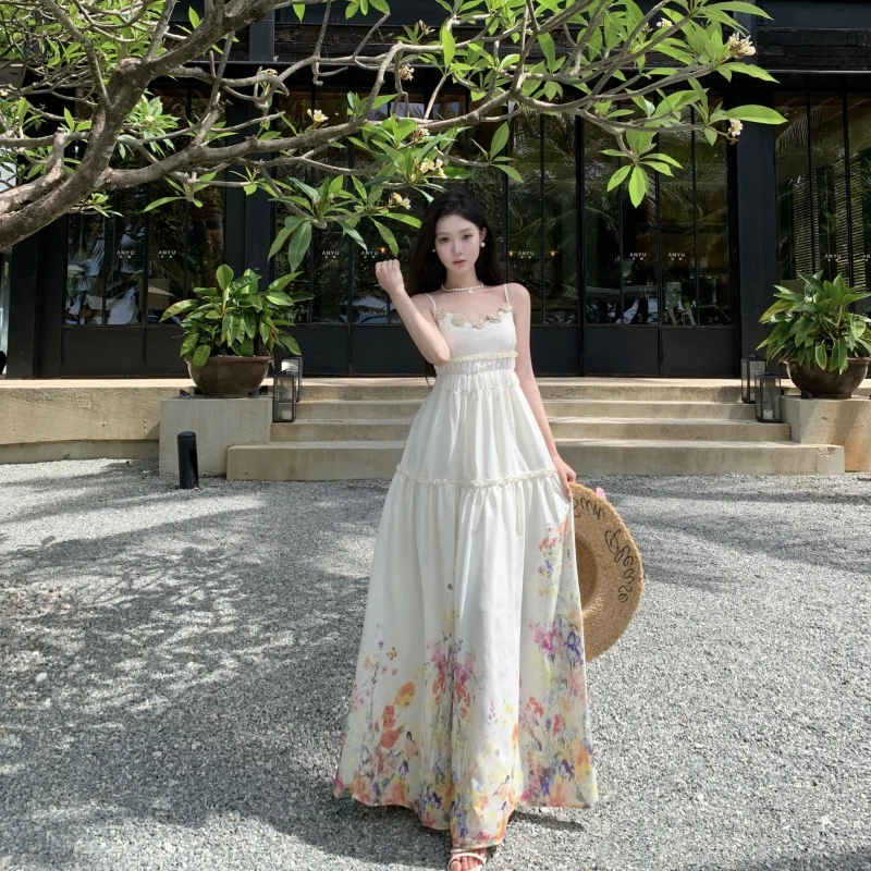 Vintage Boho Fashion Long Dresses For Women Summer Flower Print High Waist Casual Holiday Party Dress Vestidos 2025 New N768