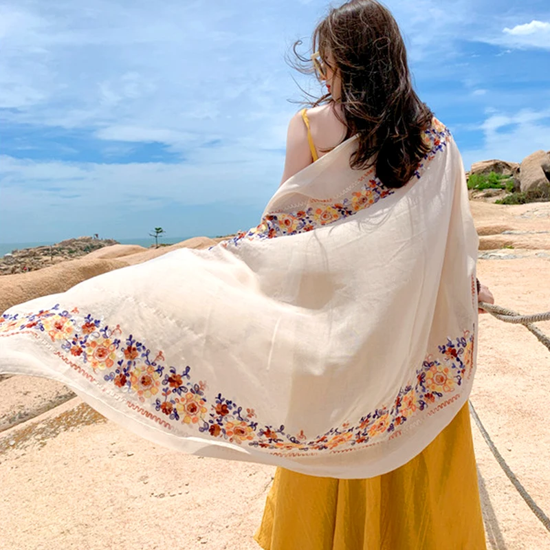 Chal de estilo étnico para mujer, bufanda de protección solar de viaje, bufanda de seda de playa, diadema, chales de moda