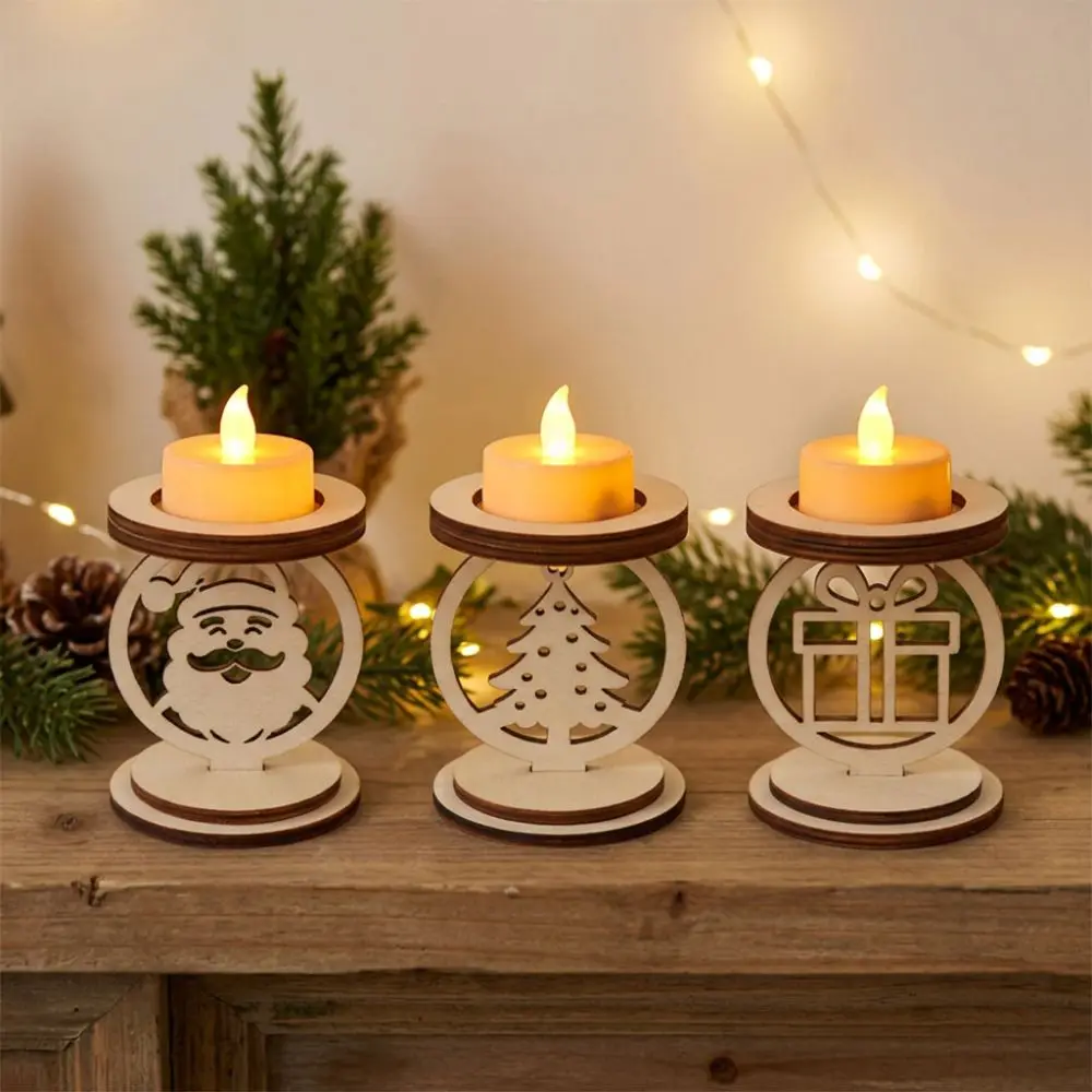 3Pcs Hollowed Out Wooden Christmas Candle Holder Bell Pattern Handmade Christmas Tea Light Holder Vintage Tree Snowman Snowflake