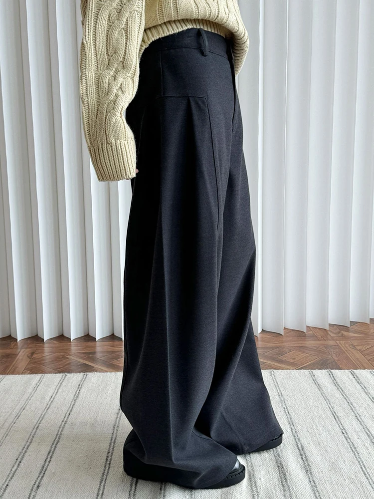 [LANMREM] Thick Wide Leg Pants For Women High Waist Straight Trousers Office Lady Minimalism Clothes 2024 Winter New 26C1414