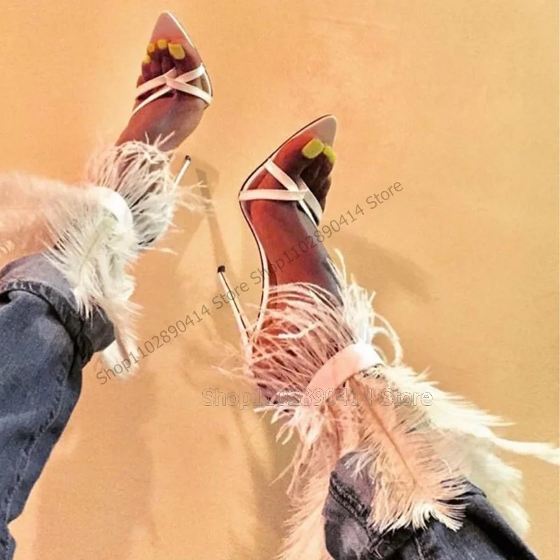 Orange Feather Decor Flip Flop Sandals Back Zipper Women Shoes Thin High Heels Novel Sexy Party Runway 2023 Zapatos Para Mujere