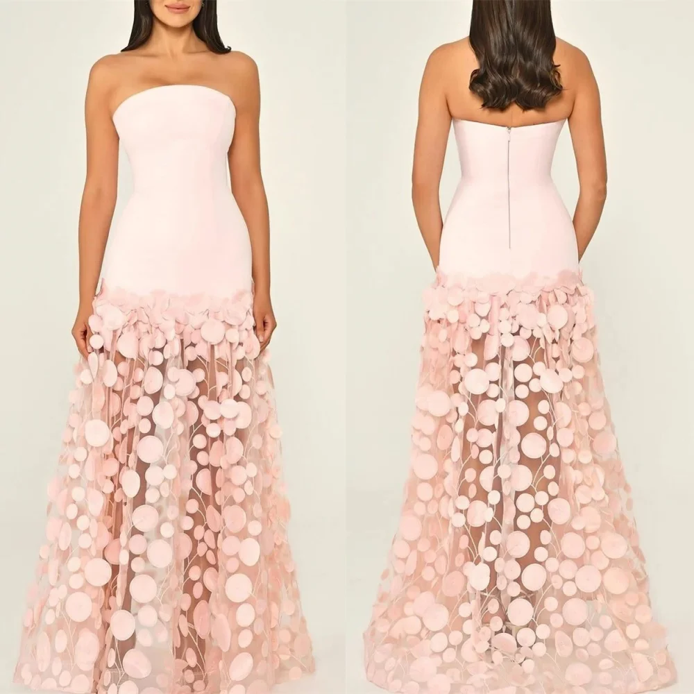 

Customized See Through Pink Jersey Evening Dress Exquisite Strapless Appliques Contrast Color Zipper Back Customized Vestido De
