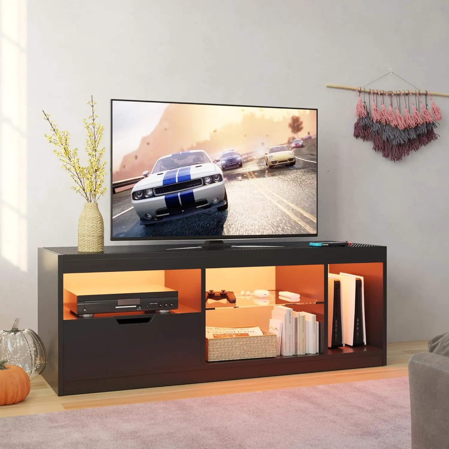 JUMMICO TVStand, Entertainment Center LED Gaming TVStand for 65+ Inch TVCarbon Fiber Top, Dynamic RGB Modes TV Cabinet