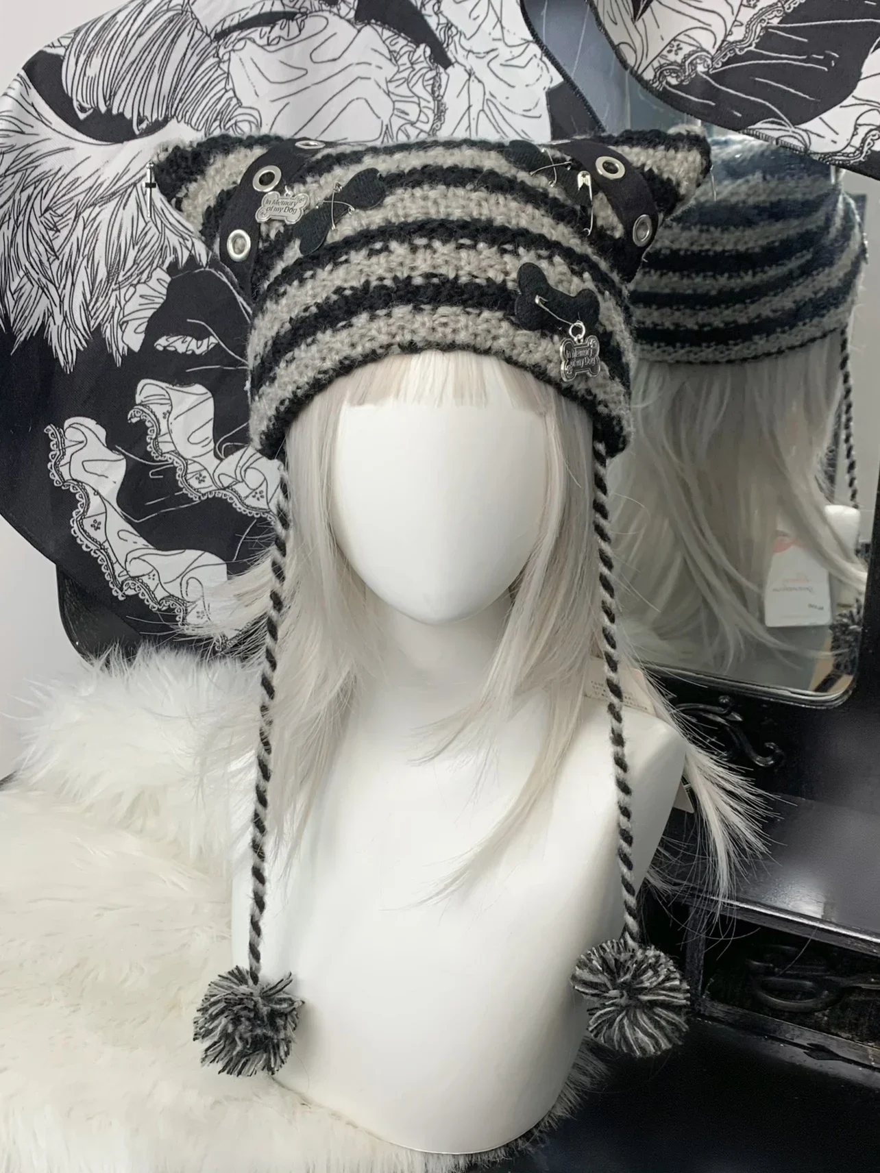 Japonês streetwear y2k menina gato chapéu subcultura punk steampunk chapéu de malha feminino y2k meninas osso acessórios boné