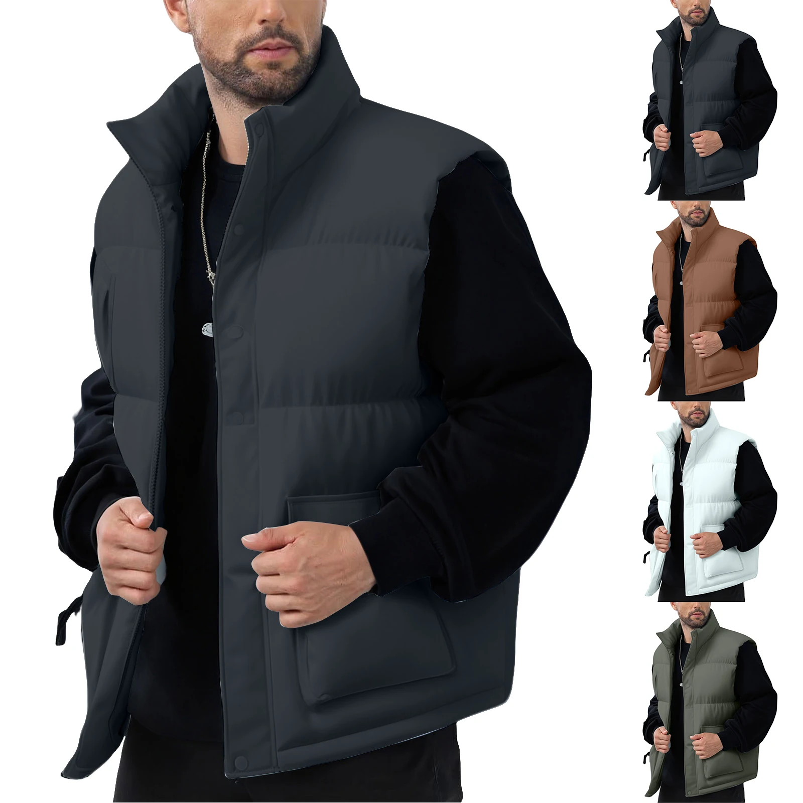 

Fashion Men's Winter Cotton Vest Jacket Warm Thickened Fleece-Lined Vest Male Solid Color Cold-proof Sleeveless Coat