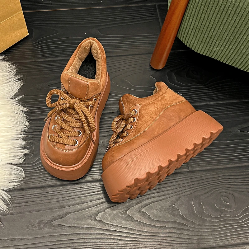 

9CM Heels Leather Snow Boots High Platform Chunky Warm Winter Ankle Boots New Women Booties Thick Sole Casual Shoes