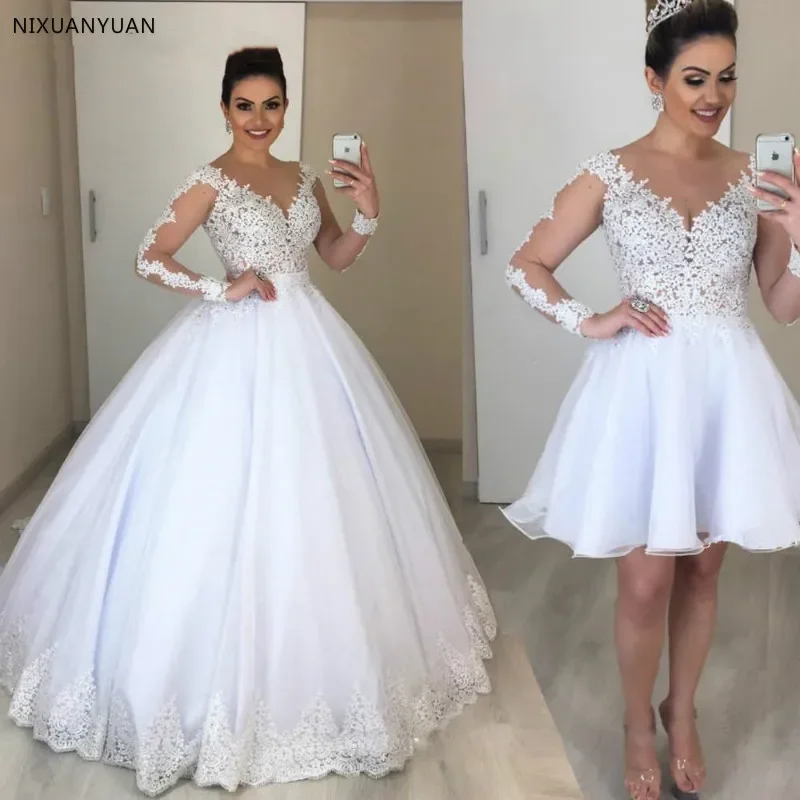 

Vestido De Novia 2 In 1 Wedding Dress Long Sleeves Bridal Gowns Appliques Lace Wedding Dresses Puffy Tulle Detachable Train