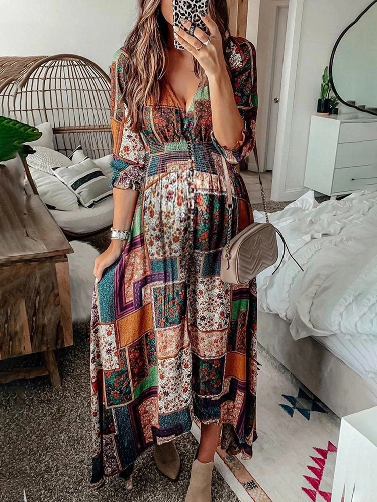 فستان شاطئ للأمهات لالتقاط الصور بوهو مرقع بأكمام طويلة فستان ماكسي برقبة على شكل V ملابس الحمل ملابس استحمام الطفل للتصوير الفوتوغرافي #3