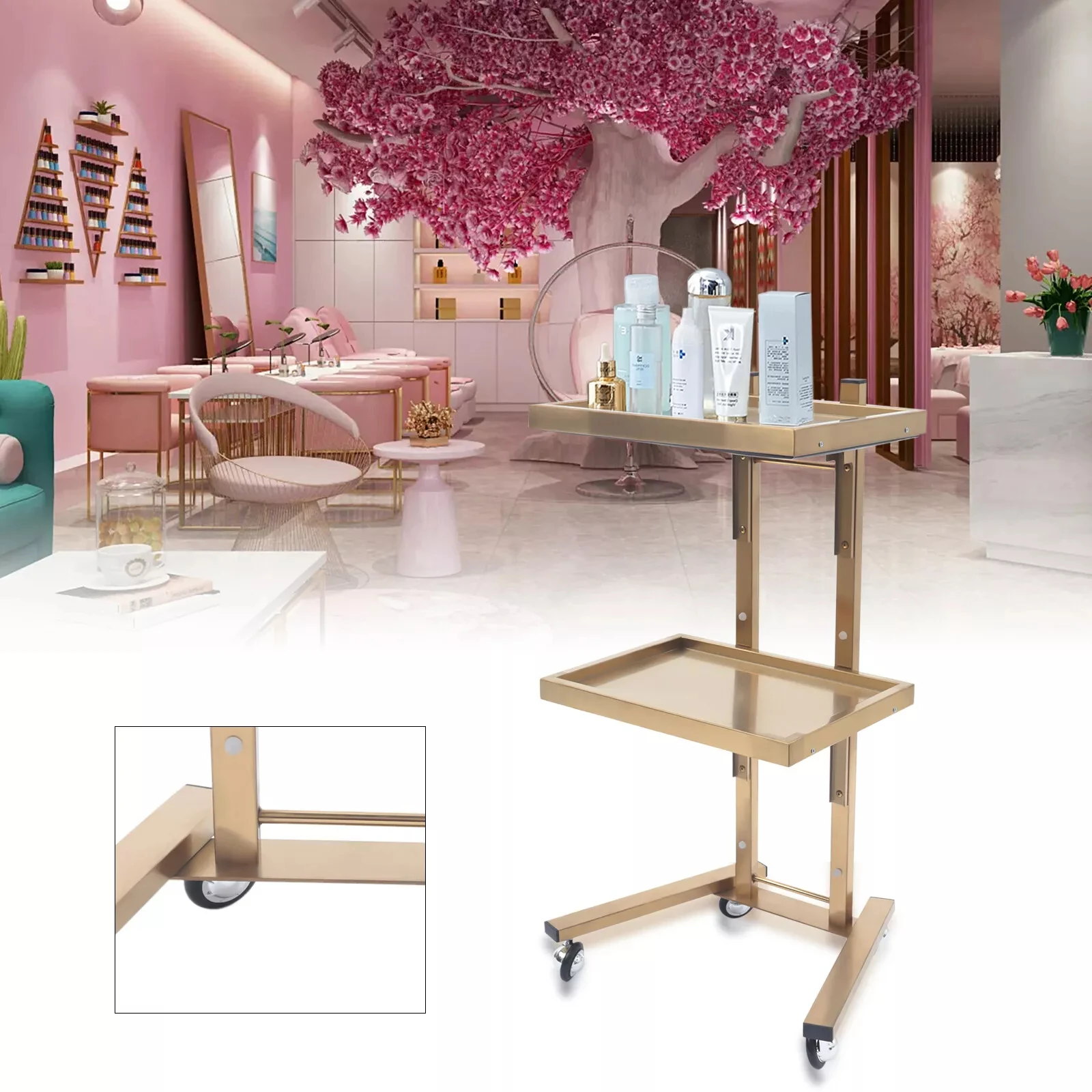 

Stainless Steel 2-Tier Gold Rolling Cart - Foldable Tray Trolley for SPA & Beauty Salon