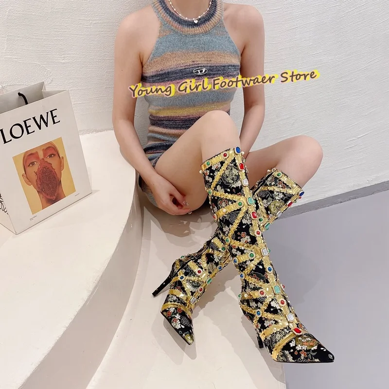 

Rainbow Rhinestones Gemstone Decoration Knee-High Boots Hand-Embroidered Style Women's Stiletto Boots Model Luxurious Boots
