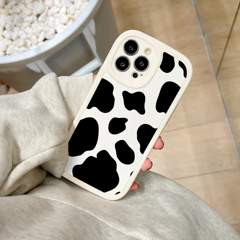 Cow Black Stains White Background Phone Case For IPhone 11 12 13 14 15 Plus Pro Max PU Leather Silicon Soft Cover