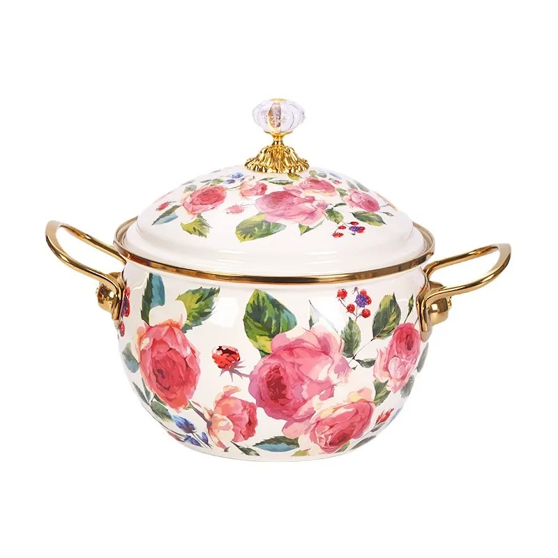 Soup Pot Thick Enamel Soup Pot Double Ear Pot Gold Handle Enamel Pot Cooking Pot With Lid Floral Enamel Container