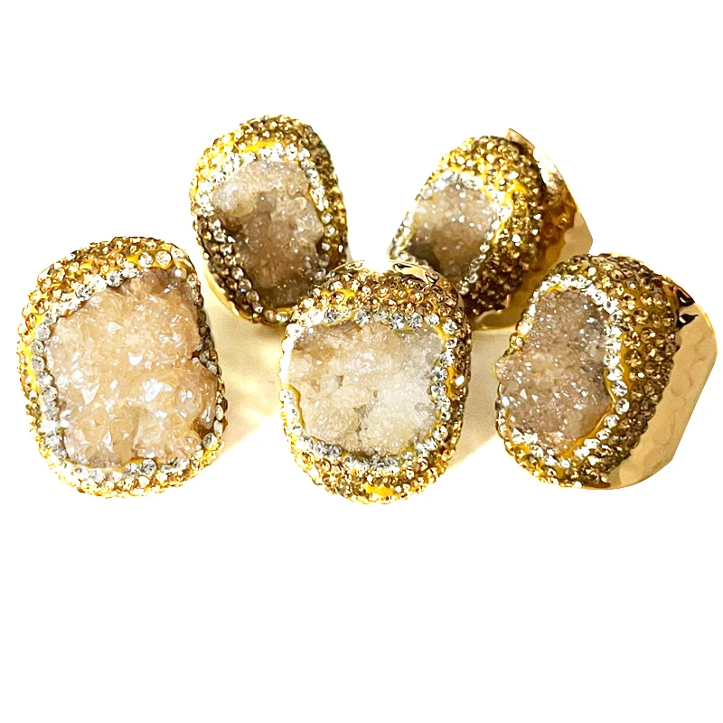 Irregular Druzy Quartz Stone Open Ring for Women Gilrs Micro Inlay Yellow Rhinestone Gold Plated Boho Finger Jewelry Resizable