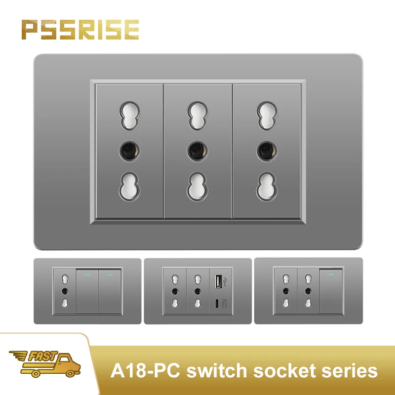 

PSSRISE Grey EU Italy A18 PC Panel Wall Socket 5V 2.1A USB Type-c Charging Power Socket Light Switch TV Phone Computer Socket