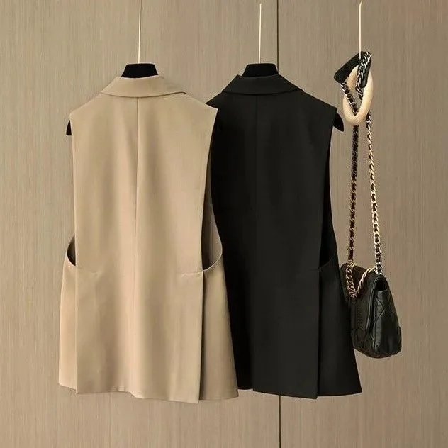 Women Sleeveless Blazer Vest Lapel Single Button Solid Suit Waistcoat Office Casual Outerwear With Pocke