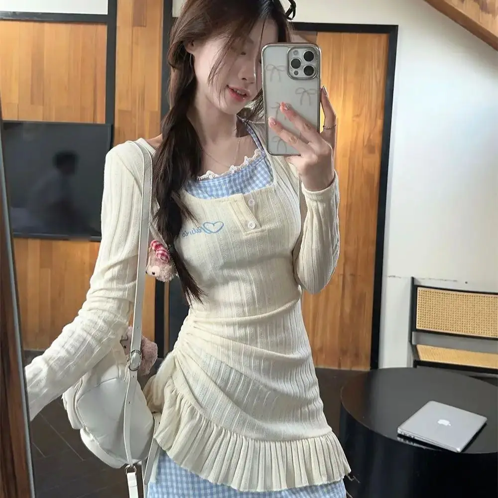 

Fake 2-Piece Dress Women Sweet Cute Patchwork Dress Women 2000 Hot Girl Lace Plaid Mini Korean Version Fashion Slim Party