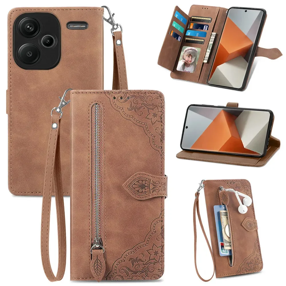 For Xiaomi Redmi Note 13 Pro Plus 5G Flip Case Zipper Wallet Leather Pouch Redmi Note 13 Pro 4G Case Phone Poco F6 X6 M6 Funda