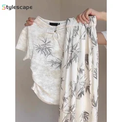 New Chinese Style Buckle Tie Dye Short Sleeved T-shirt Women's Bamboo Leaf Wide Leg Pants Casual Fashion Women's Two-piece Set