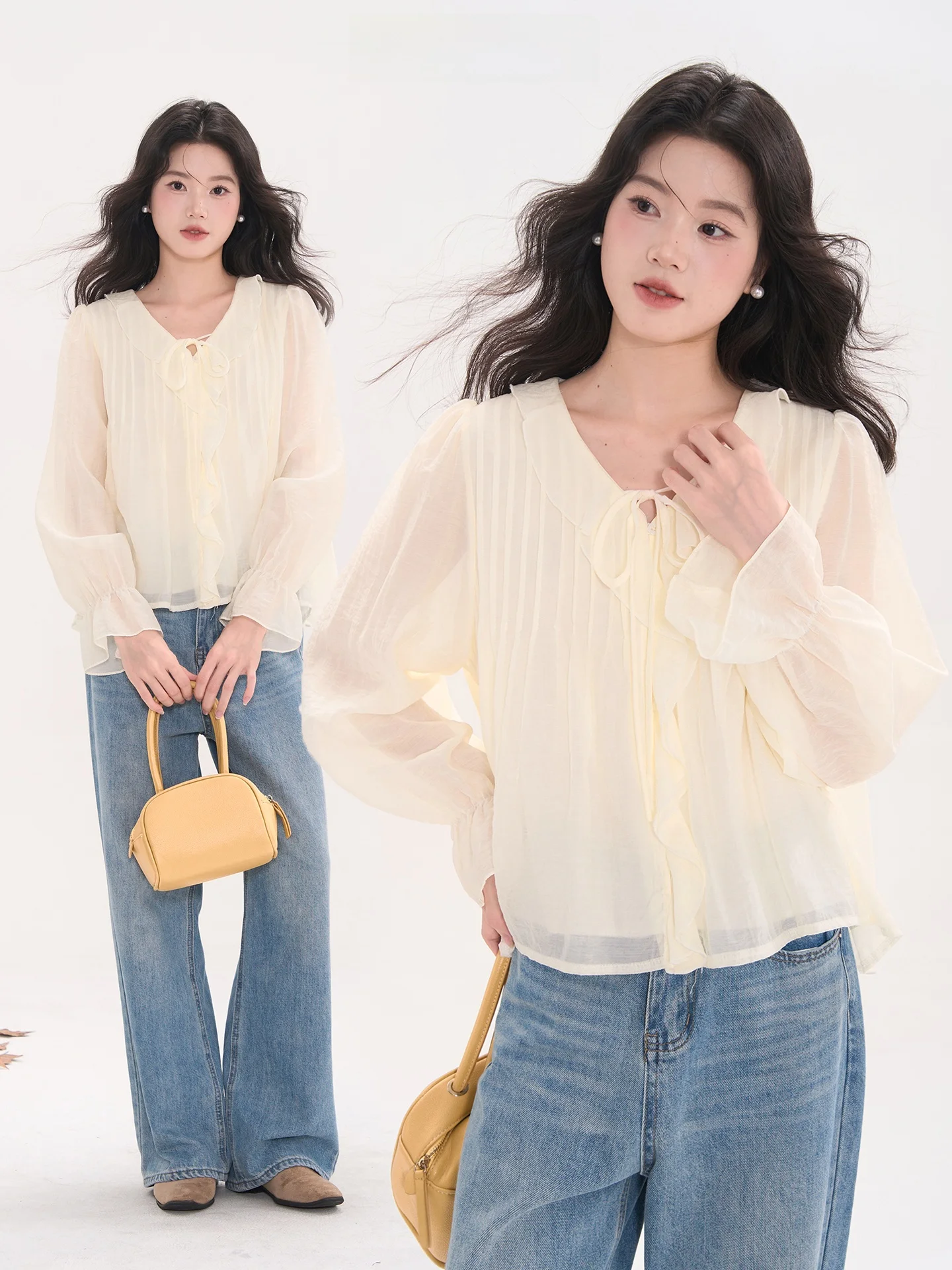 

Romantic Vintage Pleated Long Sve V-Ne Women's irt Floral Lace Trim Belted Loose Fit Regular Length Autumn Faion