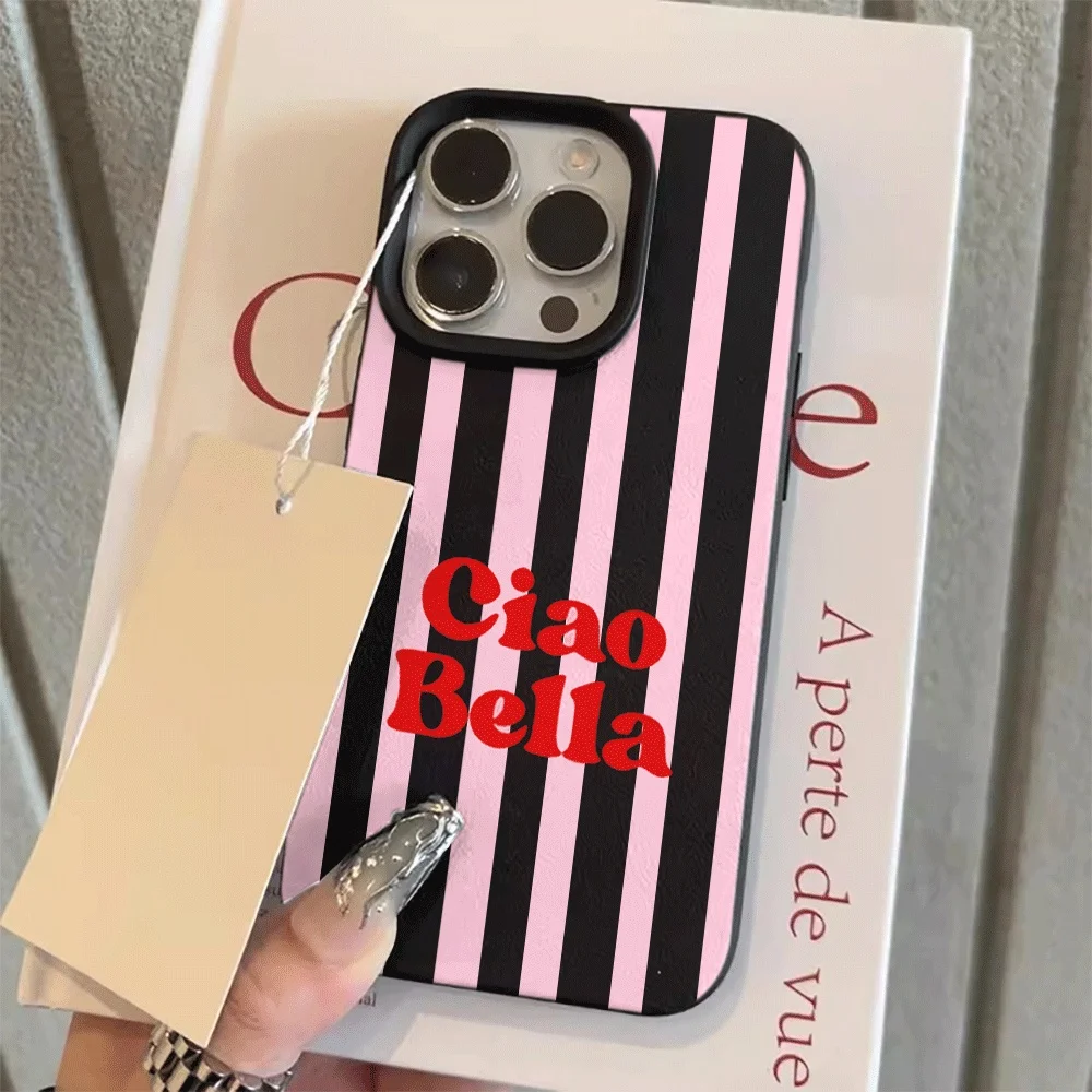 Ins Style Ciao Bella Rosa Gestreifte Handyhülle für iPhone 17 16 15 14 13 12 11 Pro Max Plus X XR Silikon Matt Stoßfeste Hülle – Detail 9