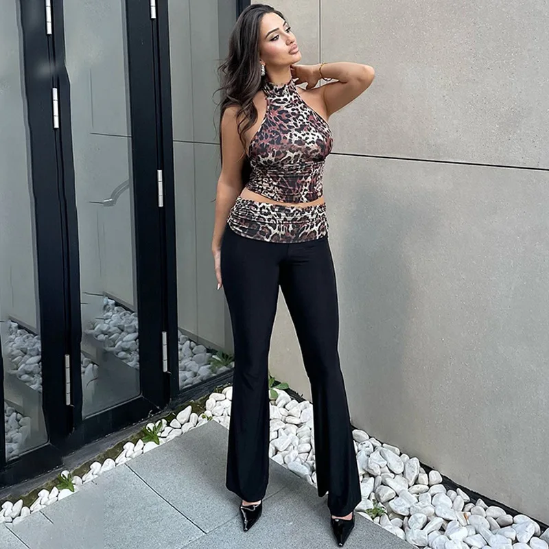 

2025 Summer Leopard Print Sleeveless Neck Vest Splicing Flared Trousers Women's Two-piece Suit