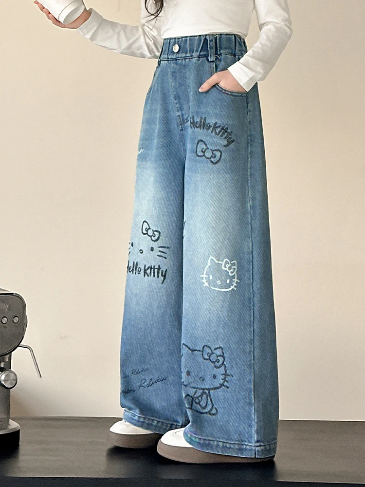 

Spring Faion Girls Jeans Wide Leg Straight Cut Denim Pants fiti KT Print Elastic Waist for Junior Girls