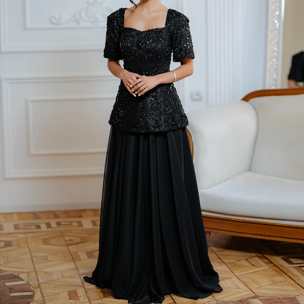 

Customized A-line Evening Dresses Floor-length Square Collar Short Sleeve Prom Gown Fashion Crystal Simple Draped Party Gown