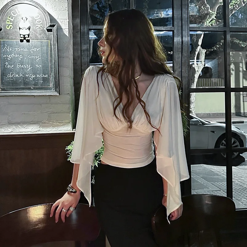 2026 New Women Summer Lightweight Knit Top Solid Color Deep V Neck Split Splicing Short Sleeve Blouse