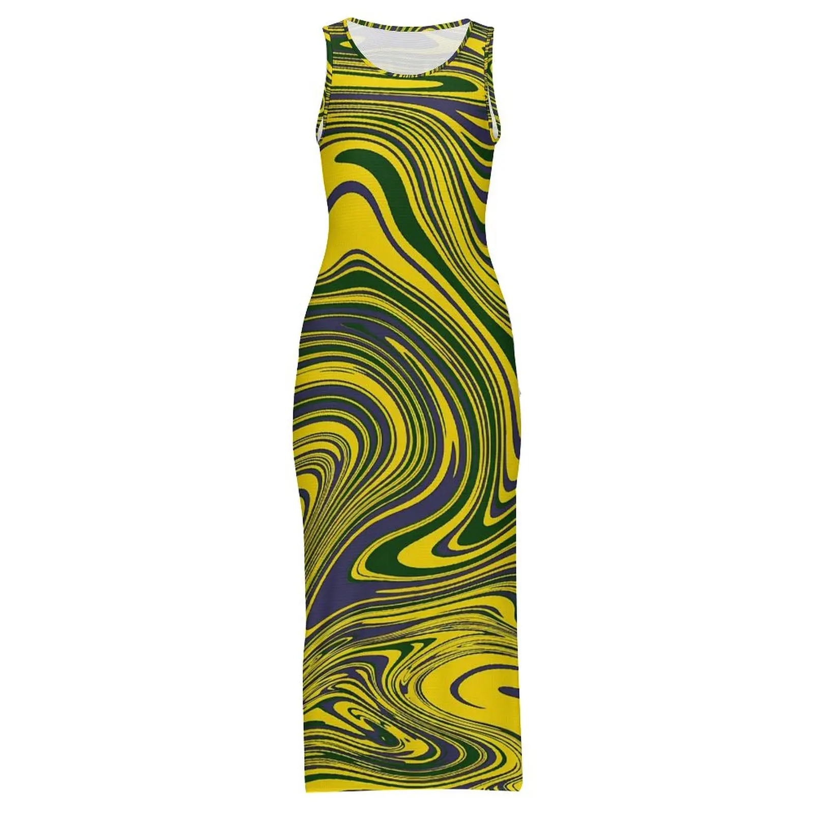 渦巻きプリントドレスノースリーブ黄緑紫ヴィンテージマキシドレス夏のストリートスタイルグラフィックボディコンドレスビッグサイズ4XL