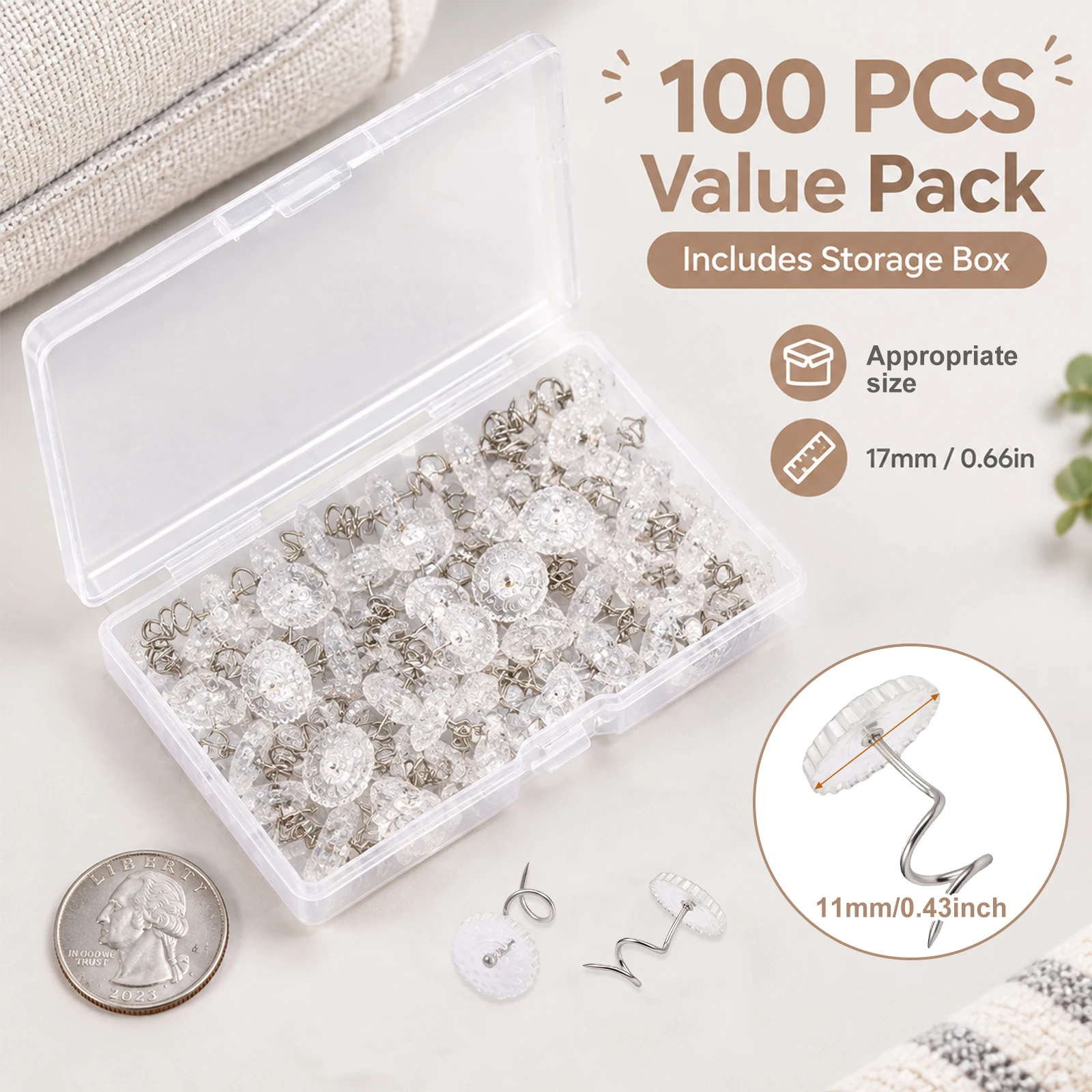 100 Pcs Bed Skirt Pins Stainless Steel Transparent Spiral Nail Bed Skirt Sofa Cover Anti-Slip Fasteners for Bedding Accessories