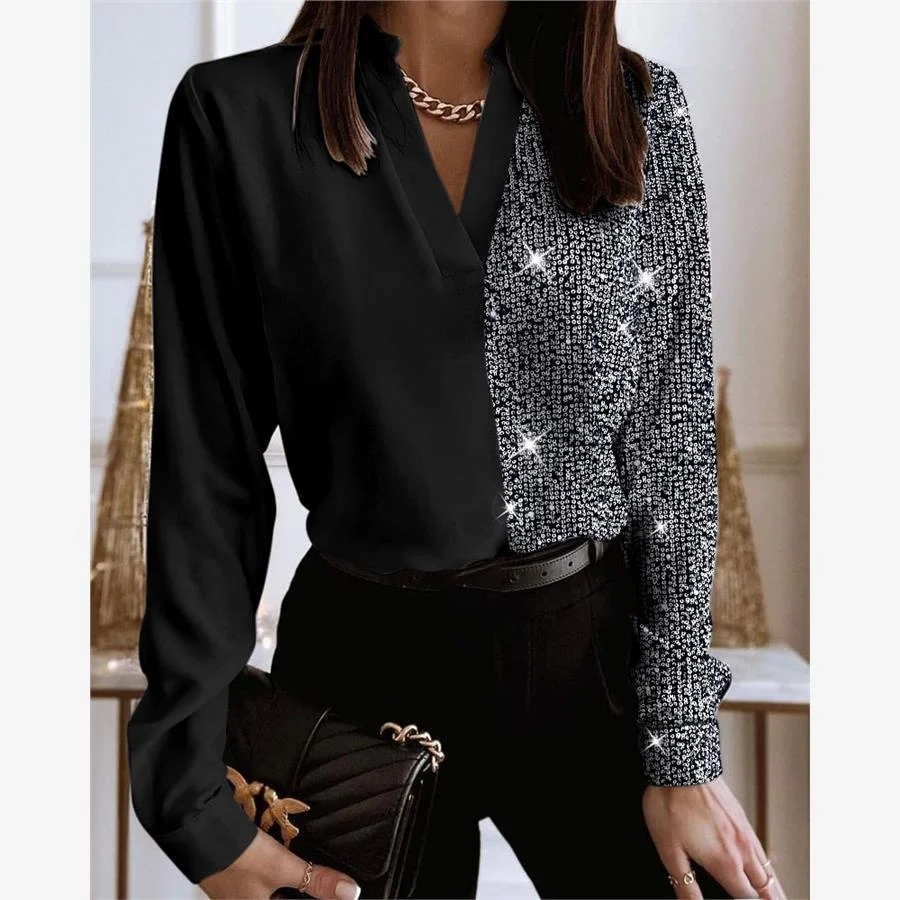 Długa damska sukienka z cekinami, patchworkowa, błyszcząca, w stylu streetwear, z dekoltem w serek, luźny krój, poliester, codzienna, modna sukienka.