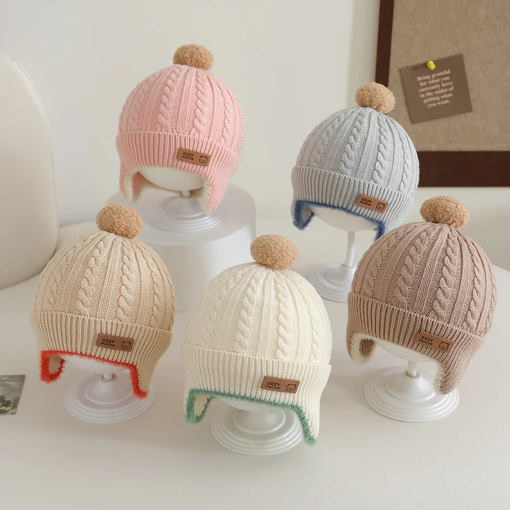Niedliche Bommel-Gehörschutzkappe für Kleinkinder, warme Wintermütze, winddicht, für Kleinkinder, Mädchen, gestrickt, für Jungen, Ohrenschützer, Beanie