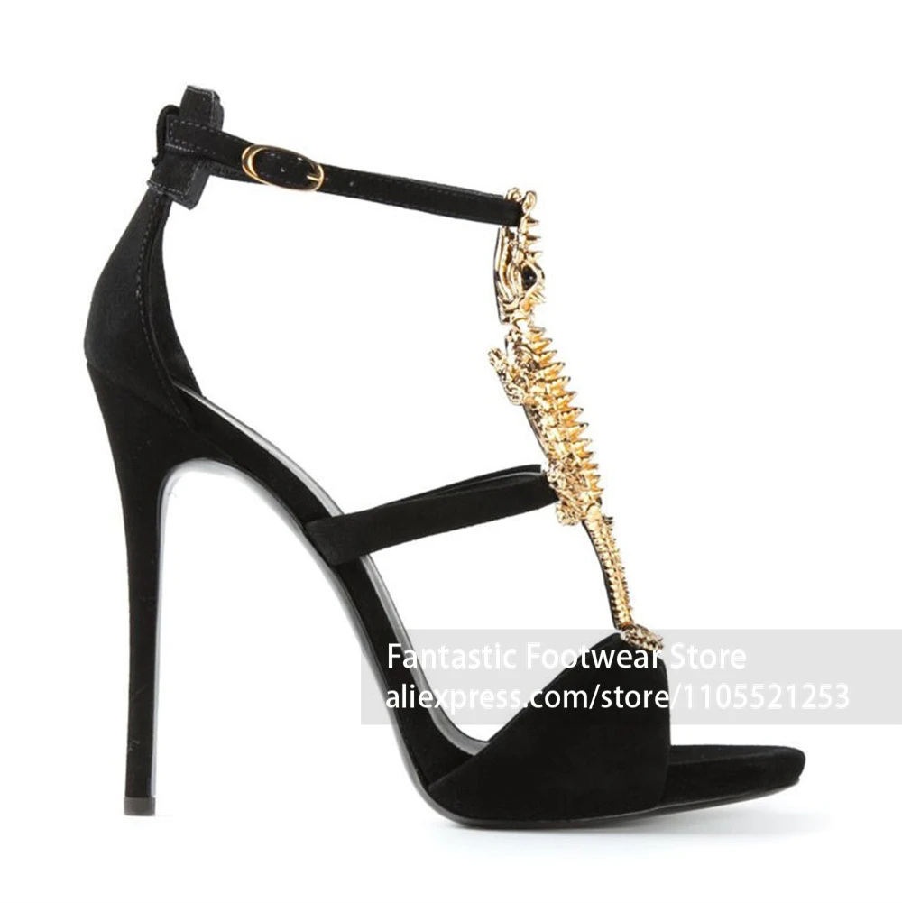 3D Gold Metal Crocodile Embellishment Party Sandal Adjustable Ankle Buckle Strap Statement Decor Sandal Date Night Elegant Shoes
