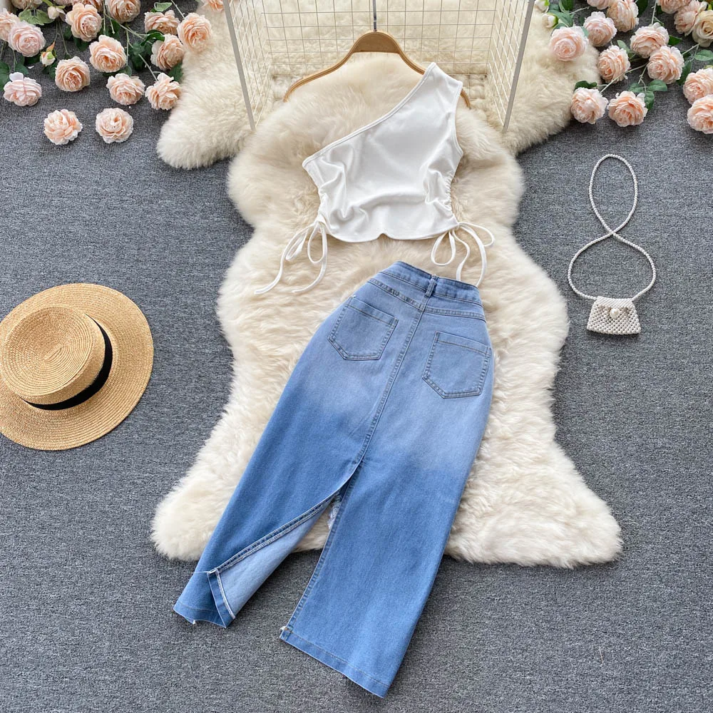 Summer Denim Half Skirt Set for Women Sexy One Shoulder Drawstring Top Slim Vest +Irregular Raw Edge Slit Denim Long Skirts