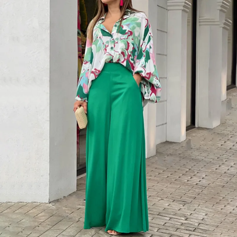 

Spring Summer 2023 Women's Two Pieces Set Print Loose Blouse Long Trousers Suit Wide Legs Pants Streetwear Long Sleeve Casual