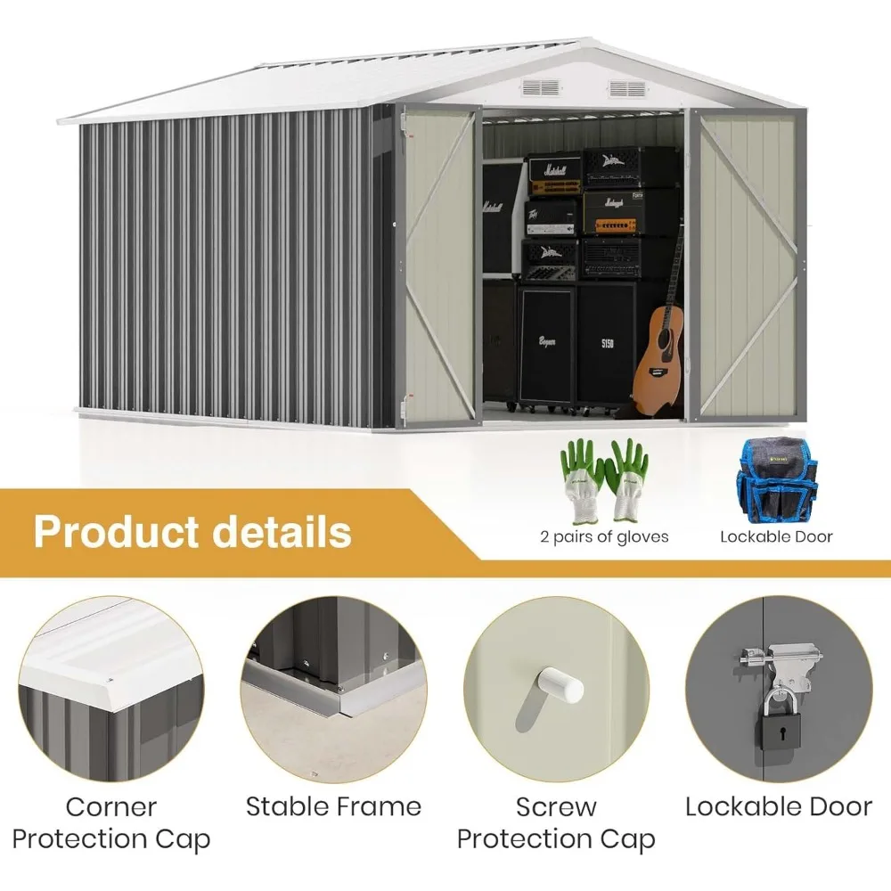 Imagem -06 - Steel Shed Storage House com Design Portas Bloqueáveis Pátio Quintal Cinza Exterior Ferramentas de Jardim 8x12 Pés