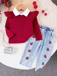 2PCS Autumn And Winter 0-3 Years Old Girl Baby Comfortable Fashionable Dotted Line Red Top Fake Two-Piece + Jeans Set