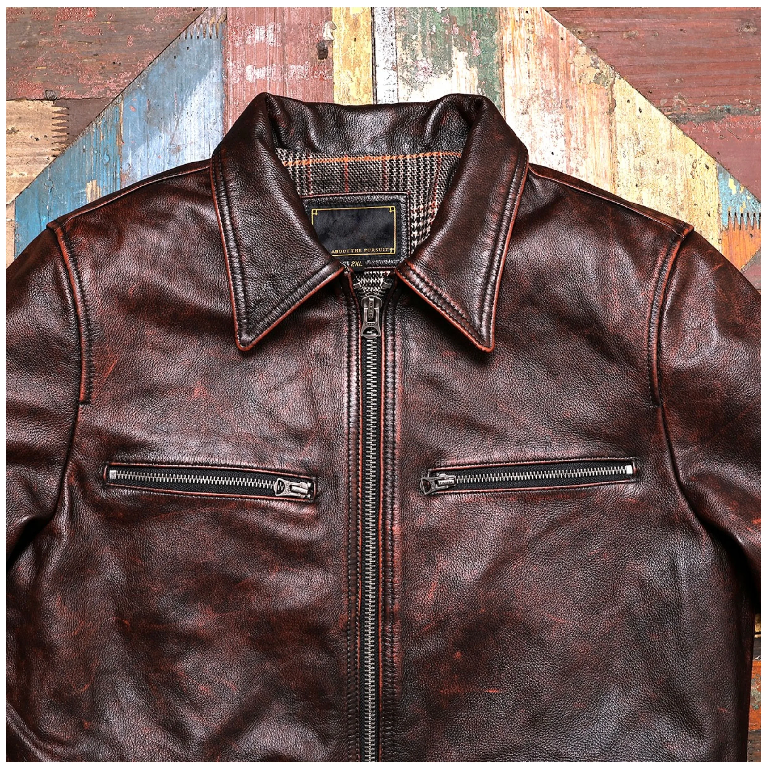 سترة طيار عتيقة من خياط براندو هارتمان مغسولة بعمر محبب بالكامل من جلد البقر للرجال سترة قصيرة من الجلد الطبيعي