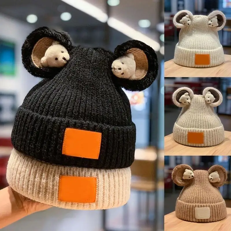 Casual Bear Knitted Hat Plush Cold Hat Winter Hat Beanie Travel Gift for Halloween Xmas New Year Thanksgiving