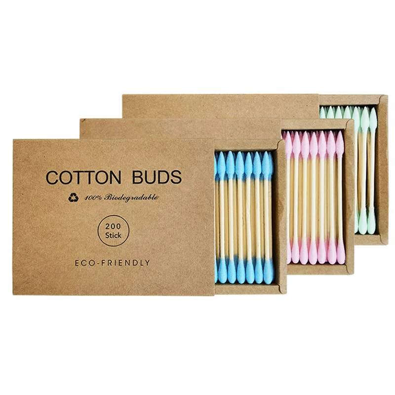 Two boxes of bamboo cotton swabs 400 pcs, biodegradable, organic wooden cotton swabs, double-ended ear swabs, 100% eco-natural